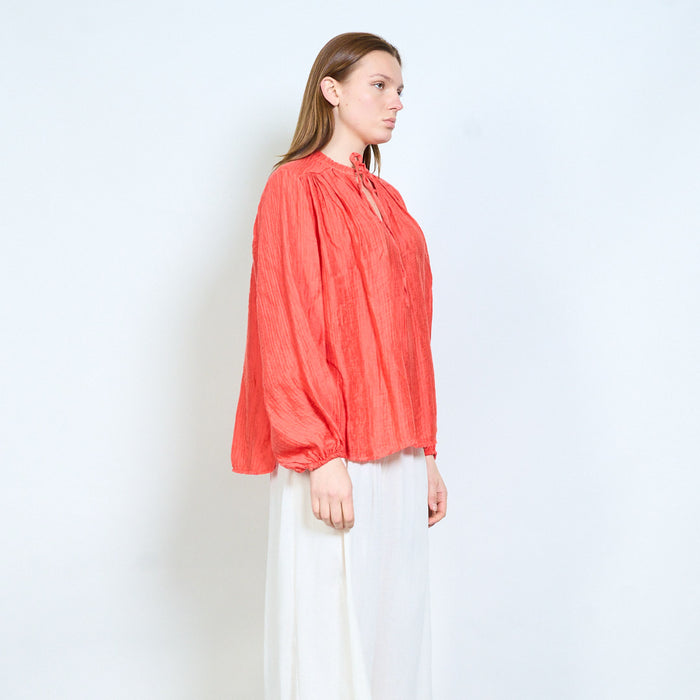Crinkled texture blouse with tie neckline and relaxed fit wholesale