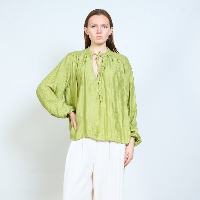 Crinkled texture blouse with tie neckline and relaxed fit wholesale