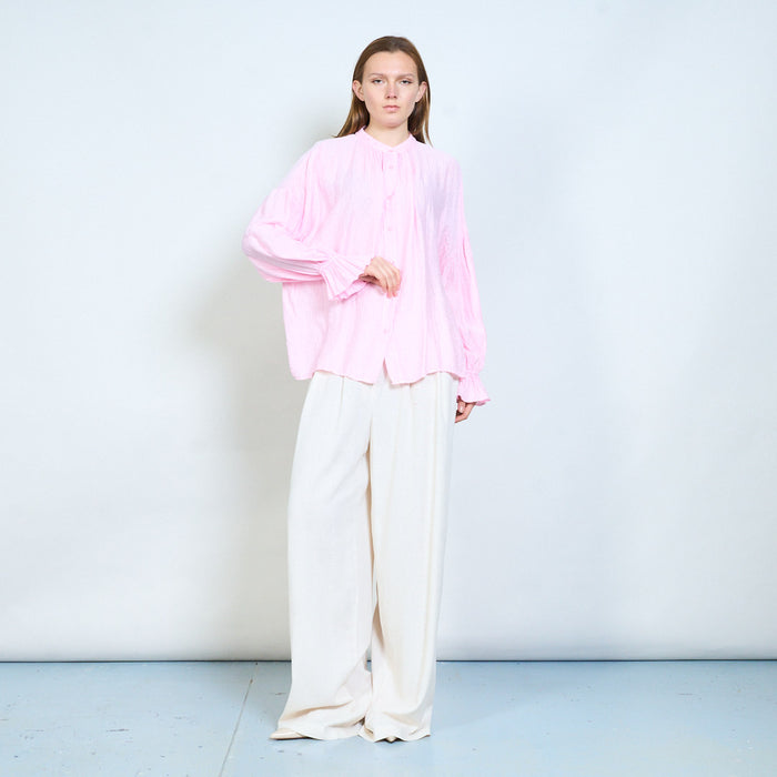 Crinkled texture button front blouse with gathered cuffs wholesale