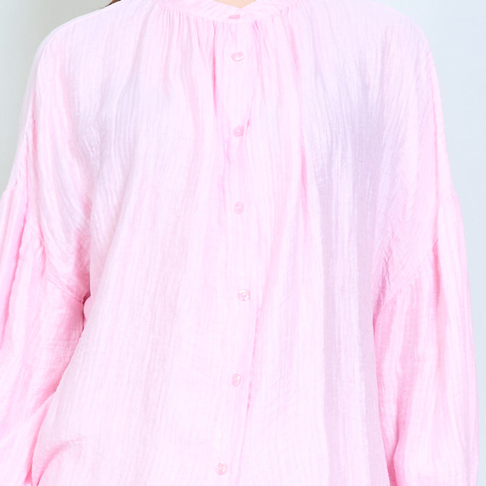 Crinkled texture button front blouse with gathered cuffs wholesale