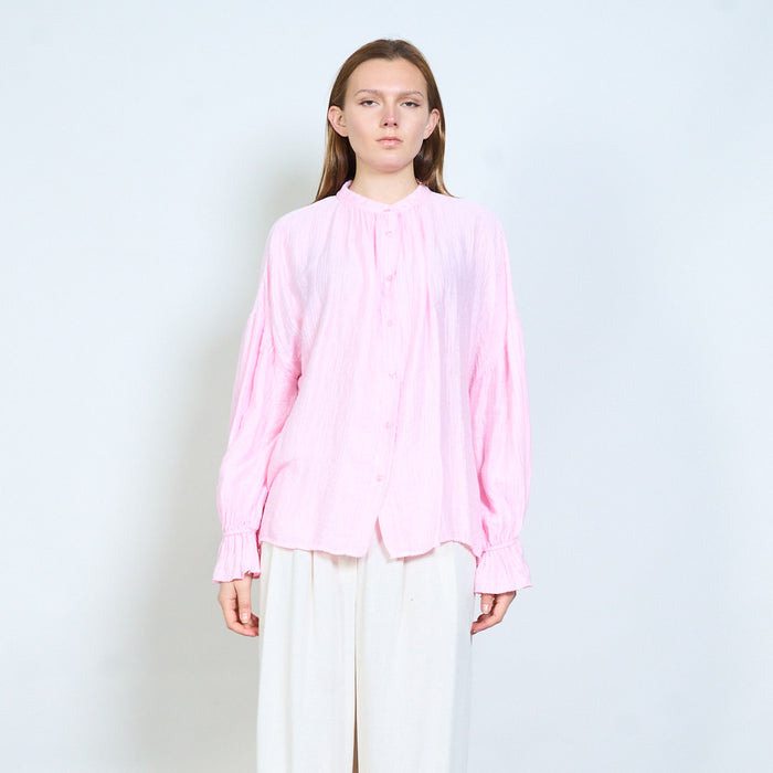 Crinkled texture button front blouse with gathered cuffs wholesale