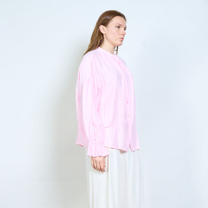 Crinkled texture button front blouse with gathered cuffs wholesale