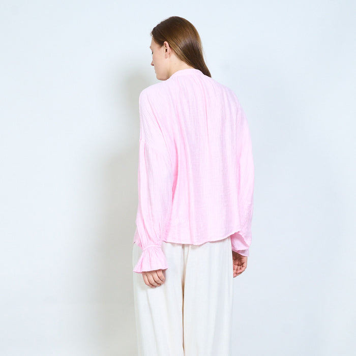 Crinkled texture button front blouse with gathered cuffs wholesale