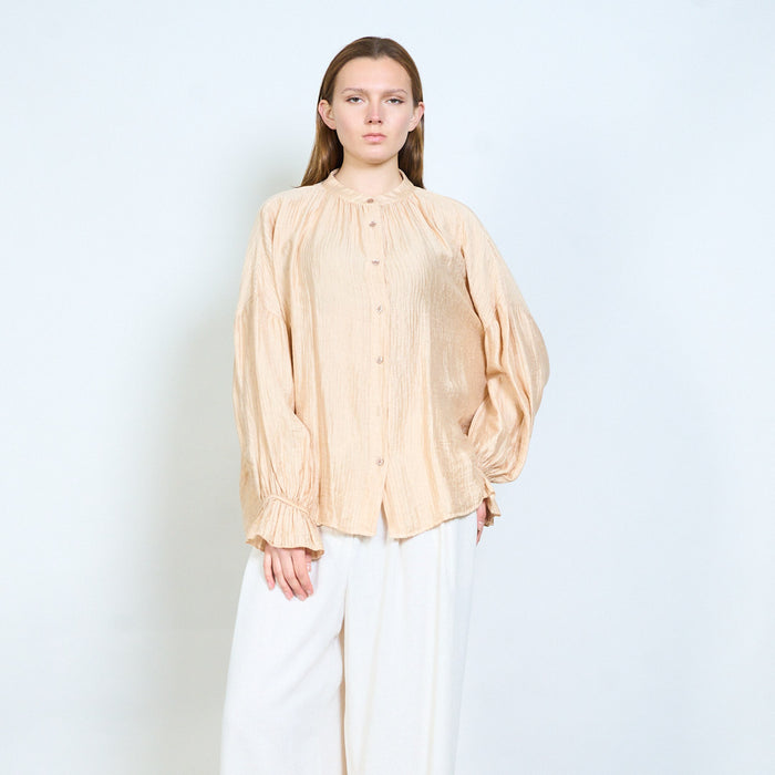 Crinkled texture button front blouse with gathered cuffs wholesale