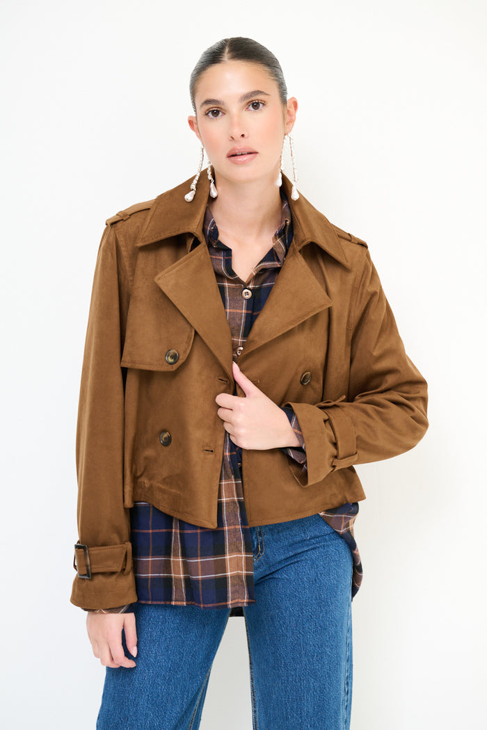 Cropped double-breasted trench jacket wholesale