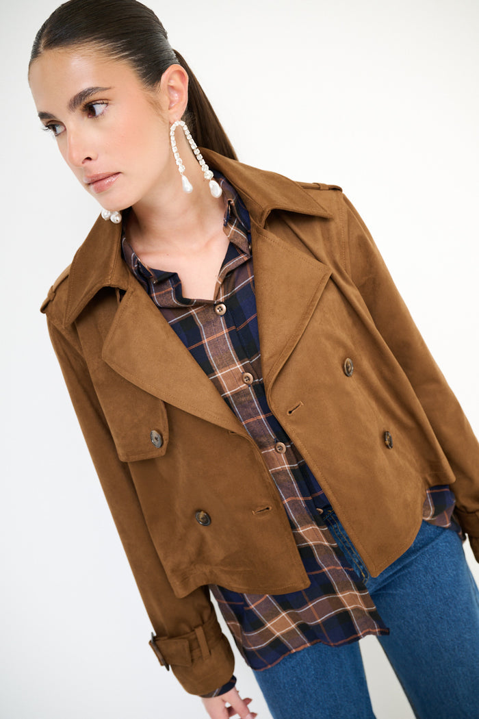 Cropped double-breasted trench jacket wholesale