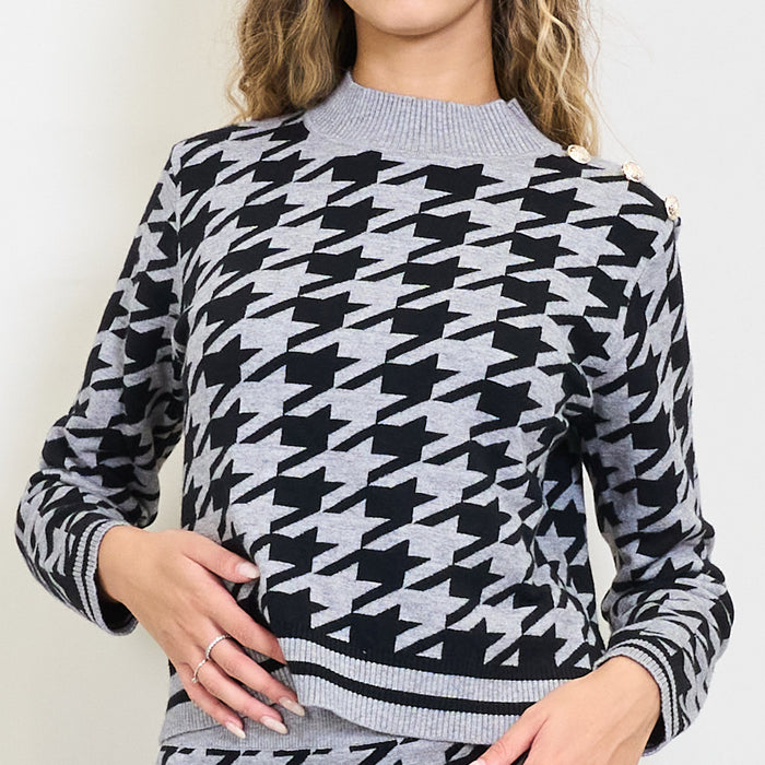 Cropped houndstooth knit sweater with gold buttons wholesale