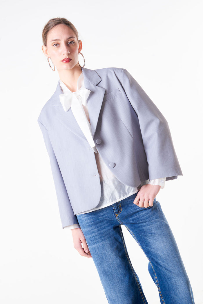 Cropped tailored blazer with notch lapel and button front wholesale