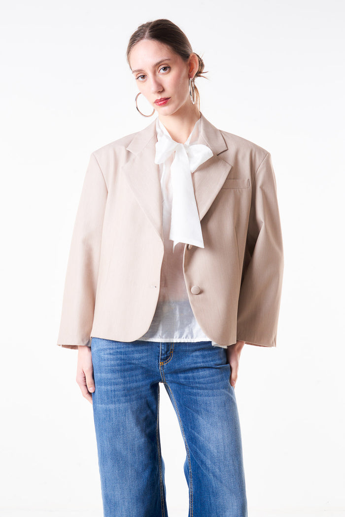 Cropped tailored blazer with notch lapel and button front wholesale