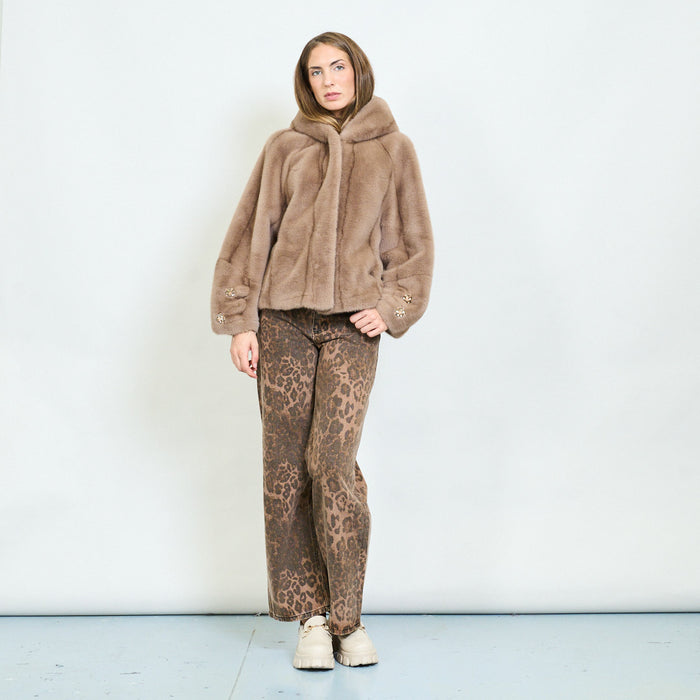Crystal detail faux fur jacket with hood wholesale