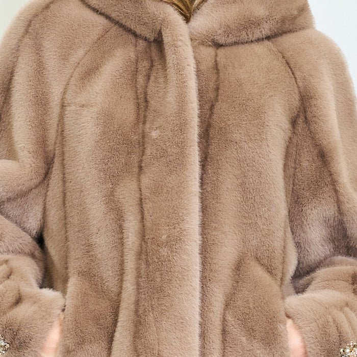 Crystal detail faux fur jacket with hood wholesale