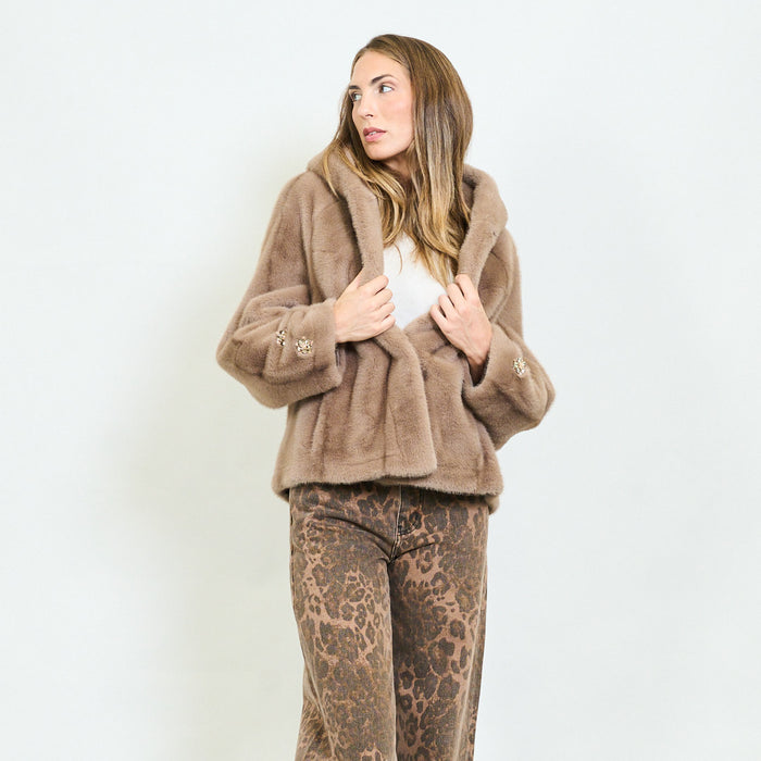 Crystal detail faux fur jacket with hood wholesale