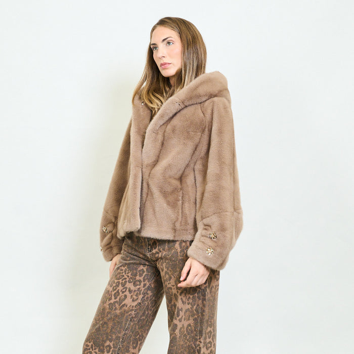 Crystal detail faux fur jacket with hood wholesale