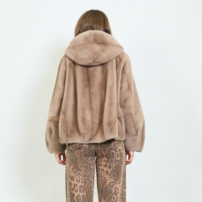 Crystal detail faux fur jacket with hood wholesale