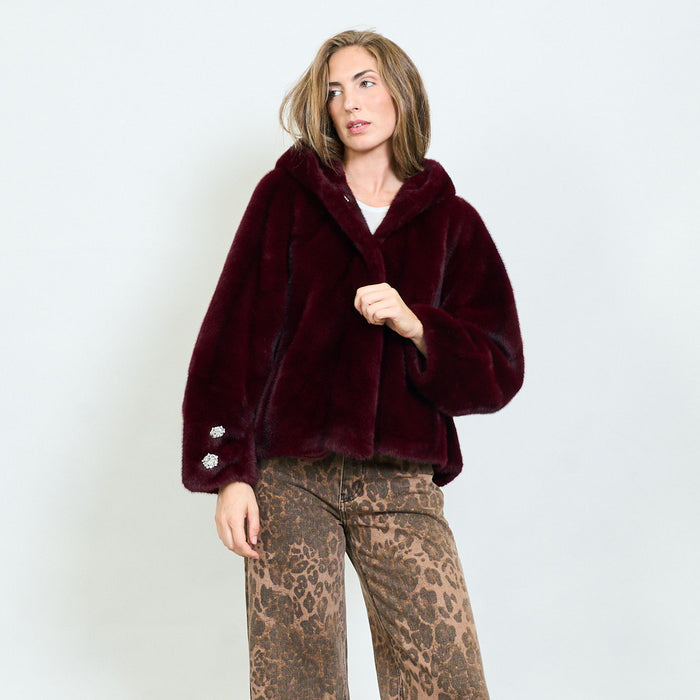 Crystal detail faux fur jacket with hood wholesale