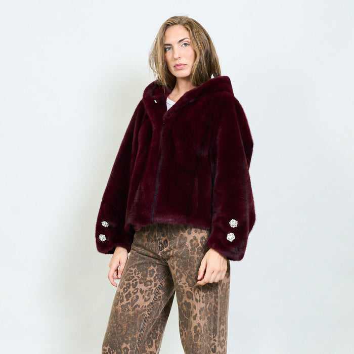 Crystal detail faux fur jacket with hood wholesale