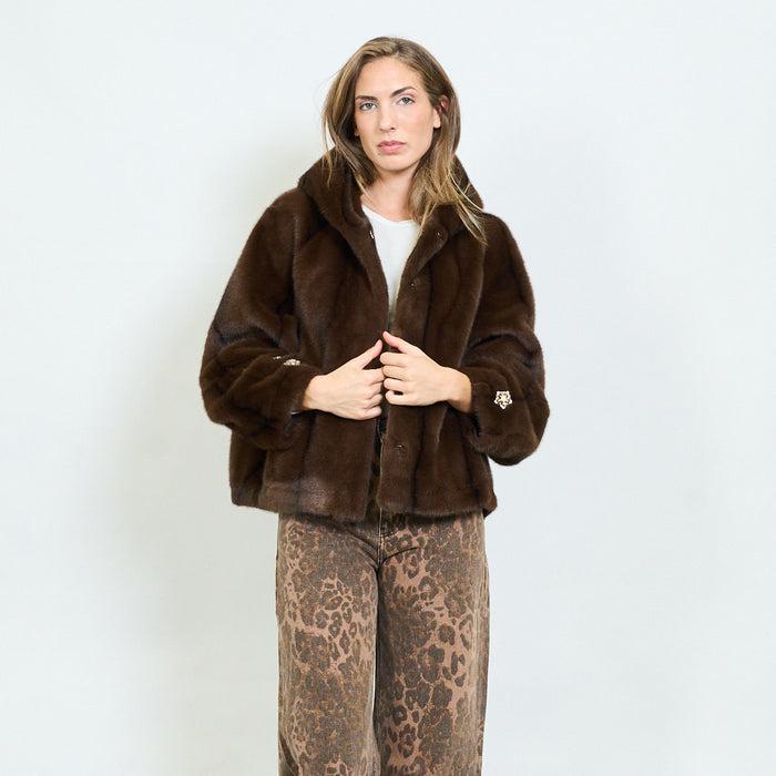 Crystal detail faux fur jacket with hood wholesale