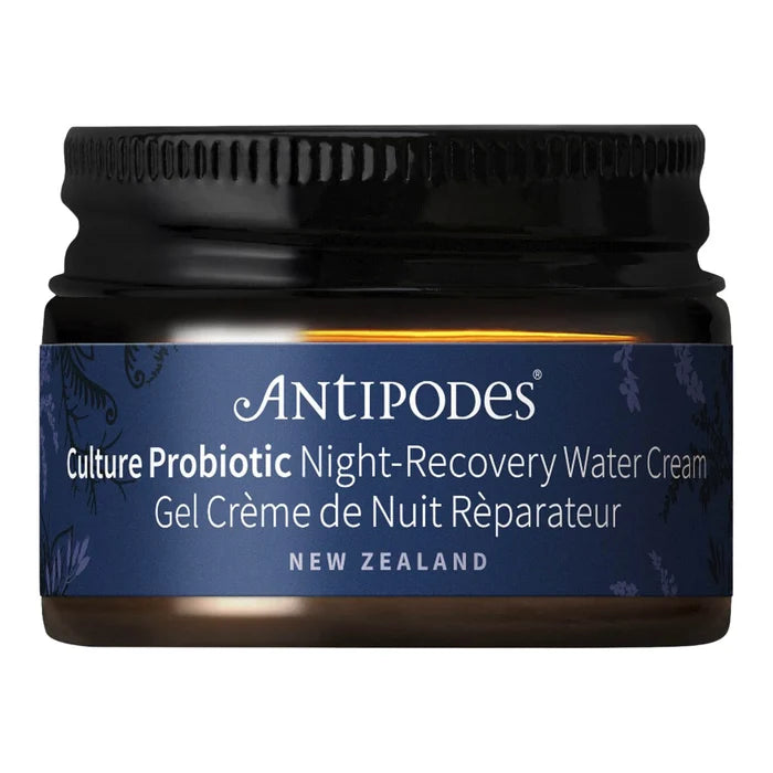 A 15ml jar of Antipodes Culture Probiotic Night-Recovery Water Cream on a plain white background.