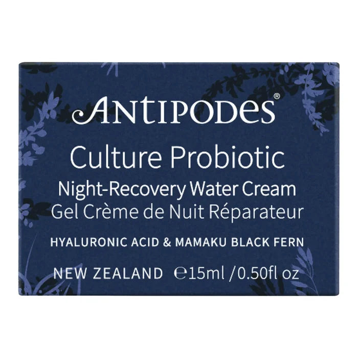 A rectangular blue product box for Antipodes Culture Probiotic Night-Recovery Water Cream, with white text and subtle floral illustrations in the corners, shown on a plain white background.