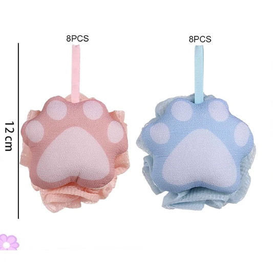 Cute Cat Paw Bath Loofah Sponge Set – Soft Exfoliating Mesh Shower Pouf with Hanging Loop for Kids & Adults (Pink & Blue) (BT35)