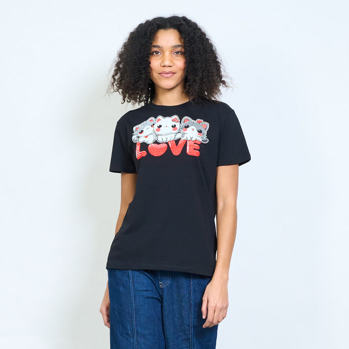 Cute cat trio "Love" graphic printed cotton t-shirt wholesale