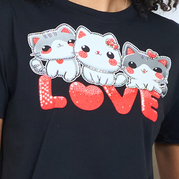Cute cat trio "Love" graphic printed cotton t-shirt wholesale