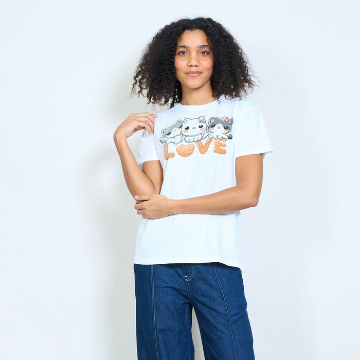 Cute cat trio "Love" graphic printed cotton t-shirt wholesale