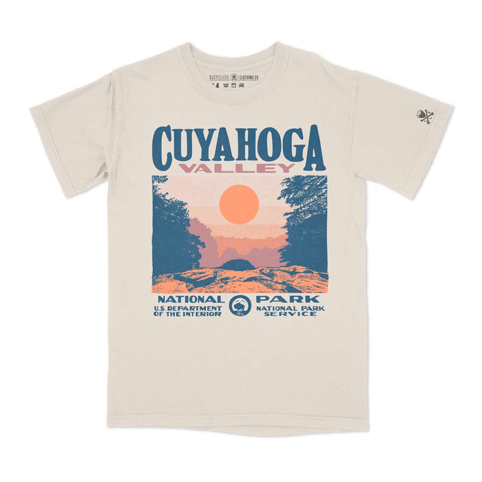 Cuyahoga Valley National Park Overlook ivory t-shirt with vintage CVNP sunset landscape graphic