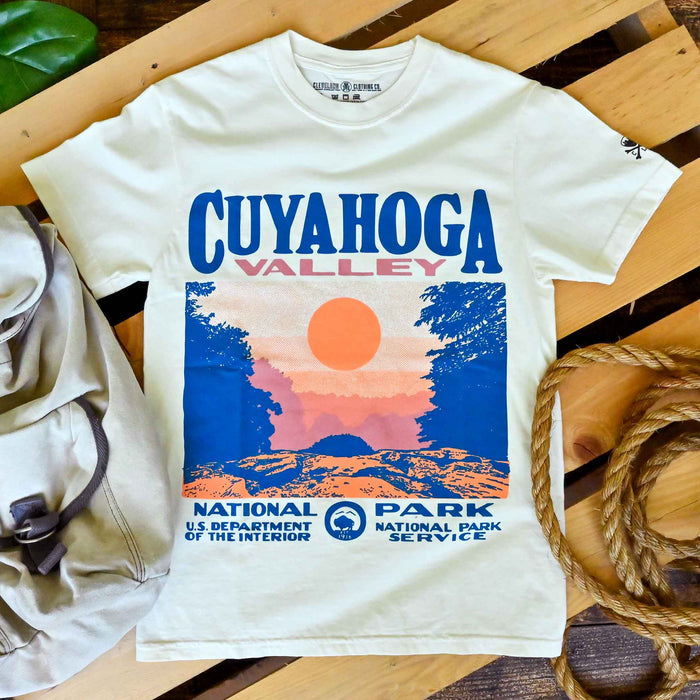 Cuyahoga Valley National Park Overlook ivory t-shirt with vintage CVNP sunset landscape graphic