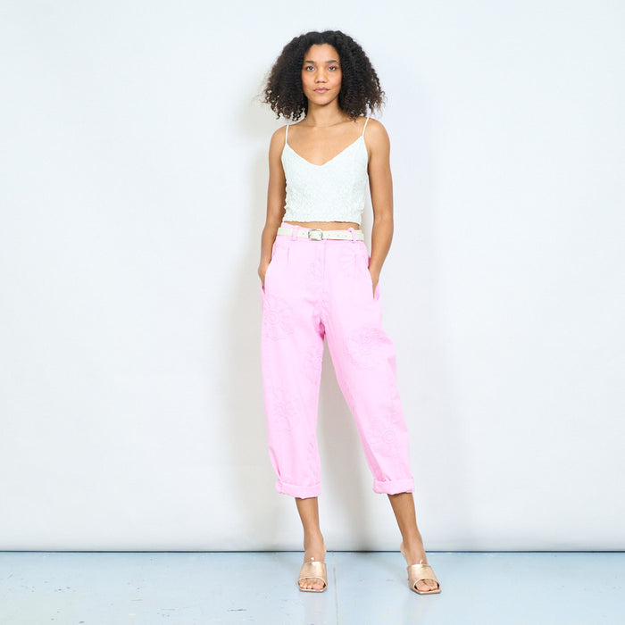 Daisy floral embroidery relaxed fit trousers with belt wholesale