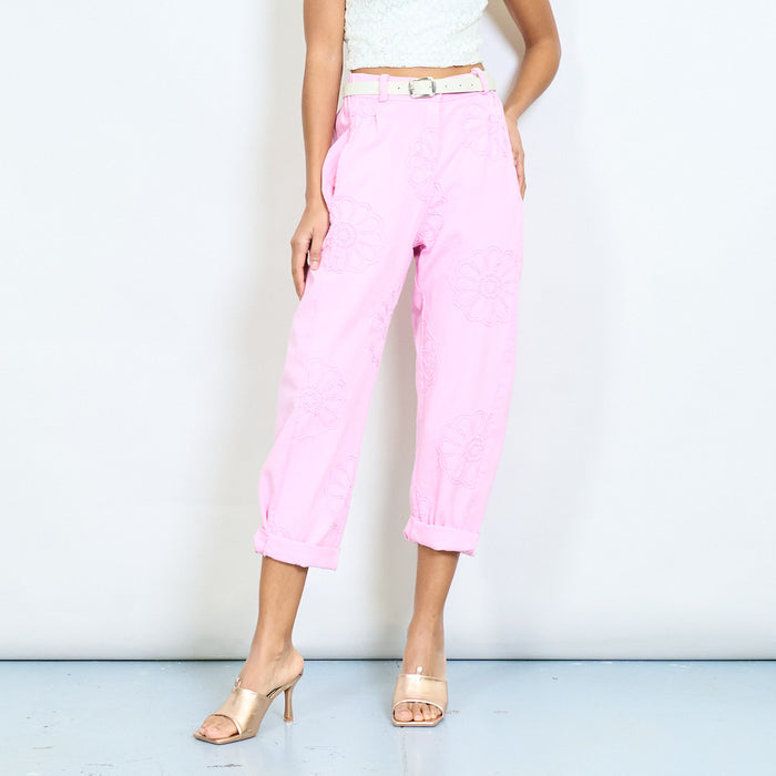 Daisy floral embroidery relaxed fit trousers with belt wholesale