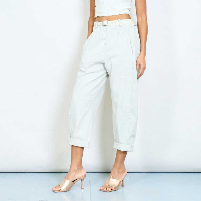 Daisy floral embroidery relaxed fit trousers with belt wholesale
