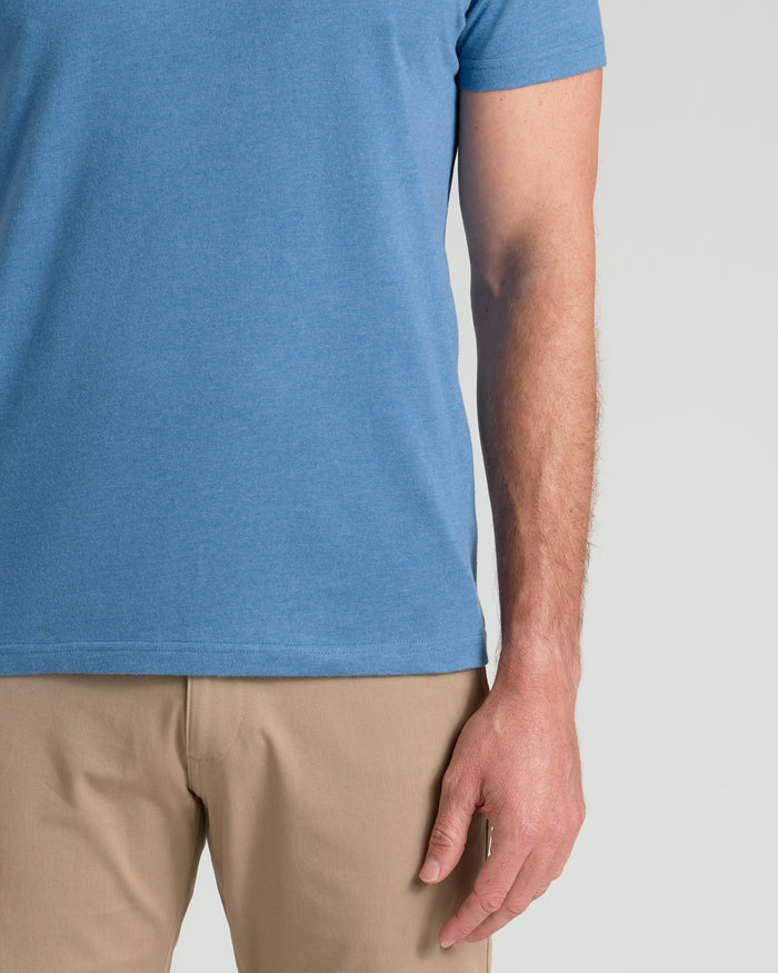 Dark Heather Blue Lake Classic Crew Neck shirt worn with khaki bottoms.