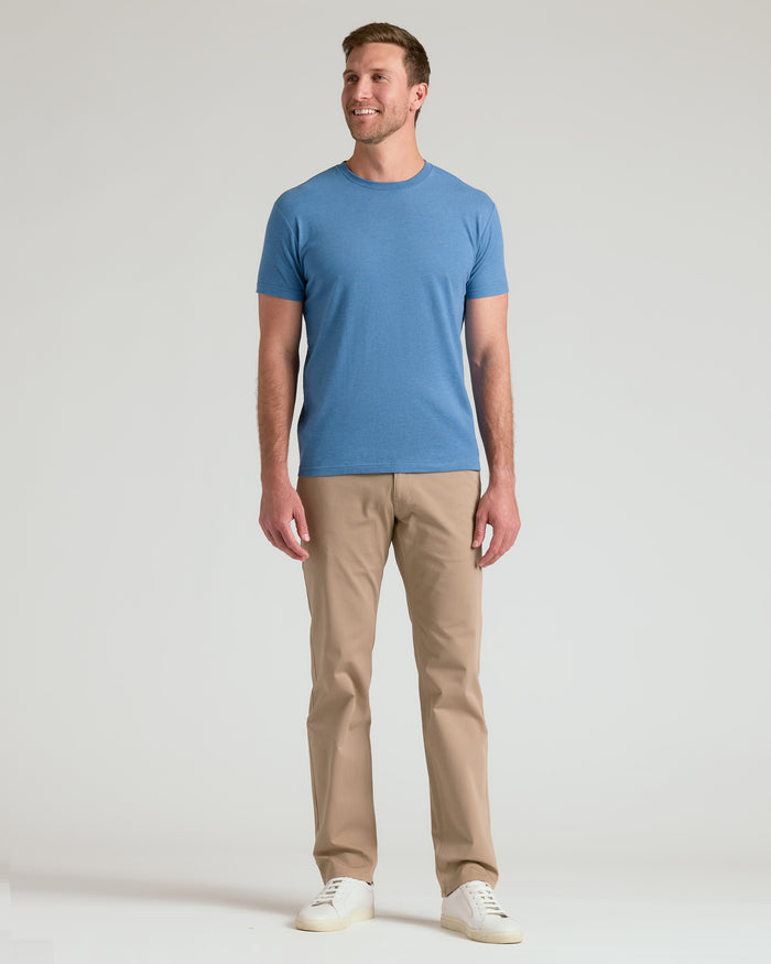 Male model wearing Dark Heather Blue Lake Classic Crew Neck t-shirt.