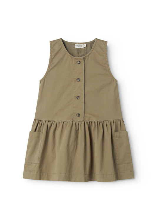 Sleeveless green chino dress for children with buttons.