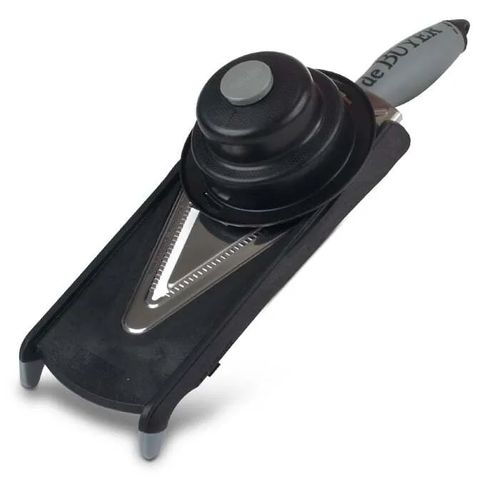 A De Buyer Kobra Slicer with a black handle and a stainless steel blade, featuring an in-handle thumb wheel for adjusting slicing thickness.