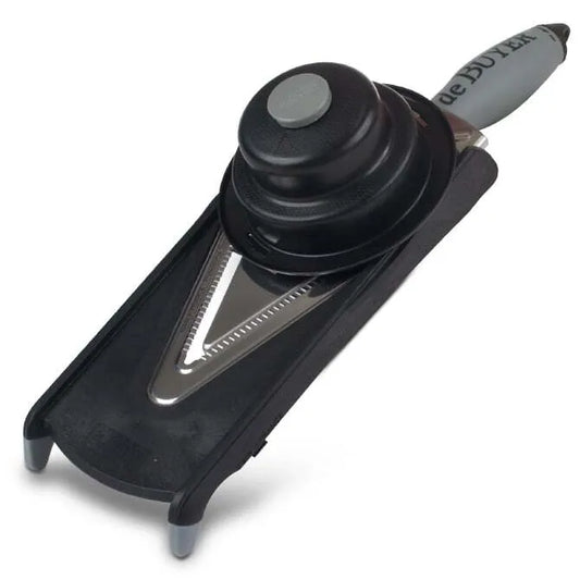 A De Buyer Kobra Slicer with a black handle and a stainless steel blade, featuring an in-handle thumb wheel for adjusting slicing thickness.