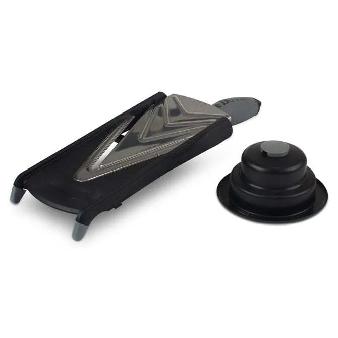 A De Buyer Kobra Slicer with a black handle and a stainless steel blade, featuring an in-handle thumb wheel for adjusting slicing thickness.