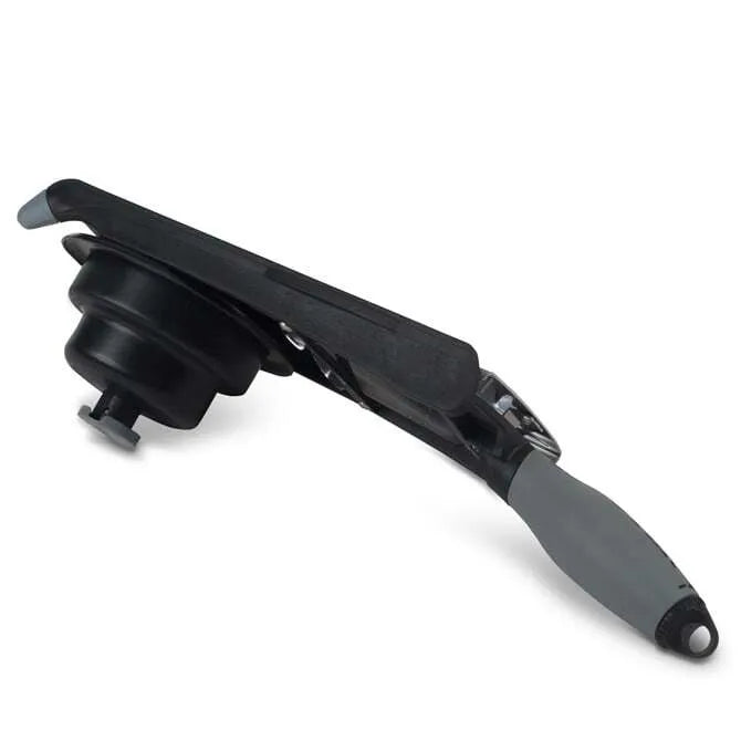 A De Buyer Kobra Slicer with a black handle and a stainless steel blade, featuring an in-handle thumb wheel for adjusting slicing thickness.