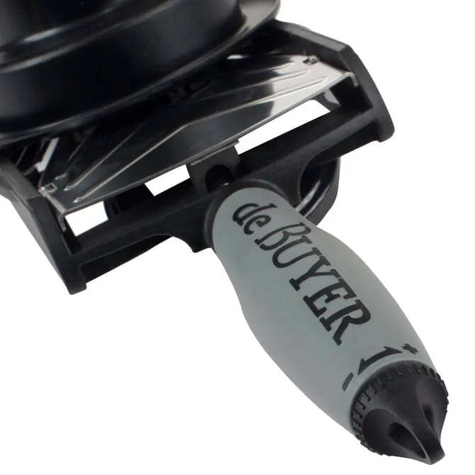 A De Buyer Kobra Slicer with a black handle and a stainless steel blade, featuring an in-handle thumb wheel for adjusting slicing thickness.