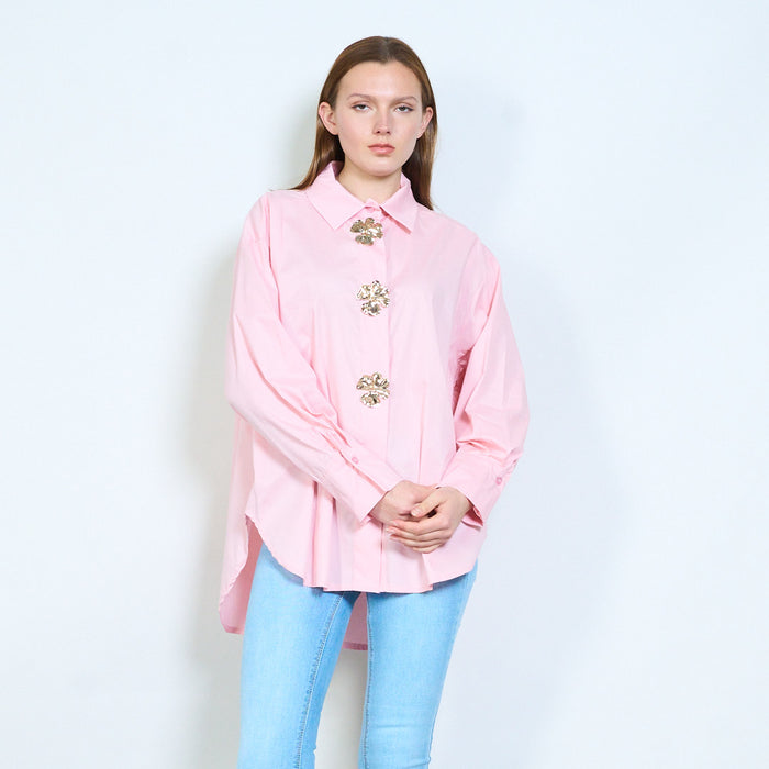 Decorative button collared blouse wholesale