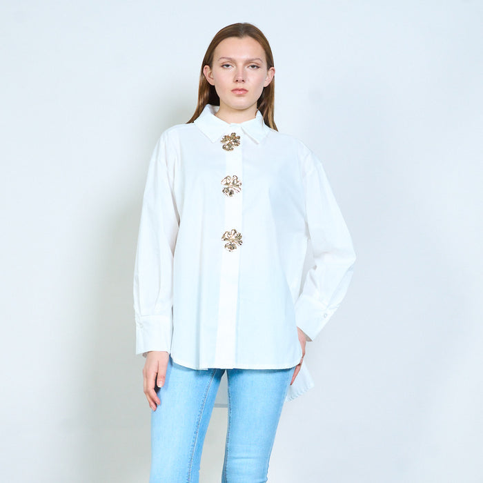 Decorative button collared blouse wholesale