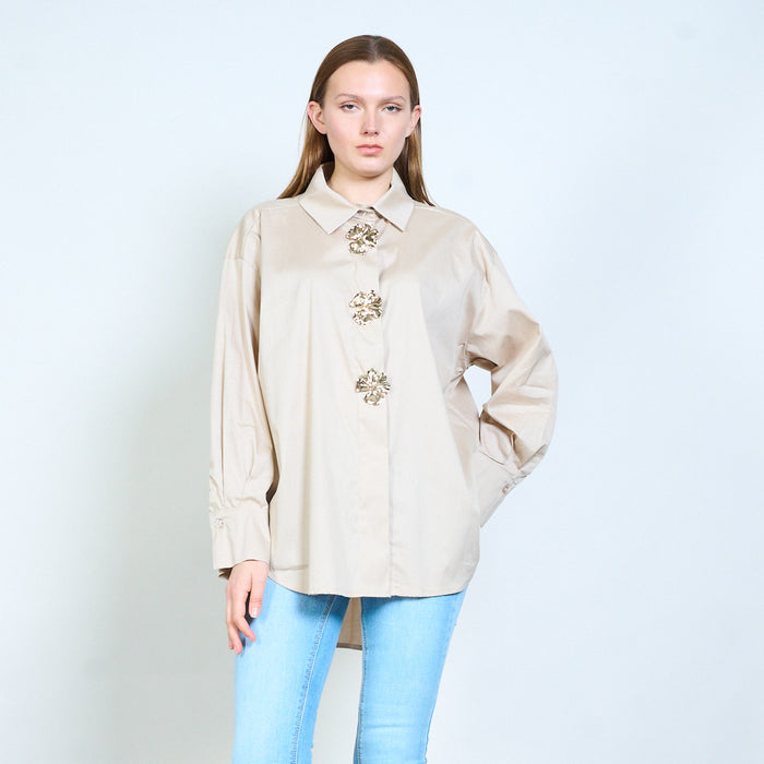 Decorative button collared blouse wholesale