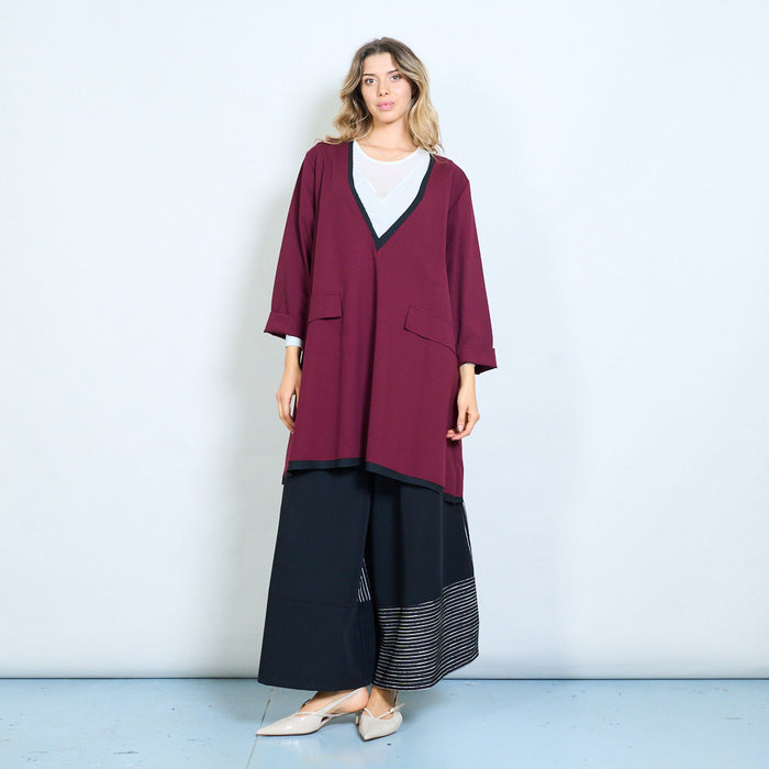 Deep v-neck contrast trim tunic top with pocket detail wholesale
