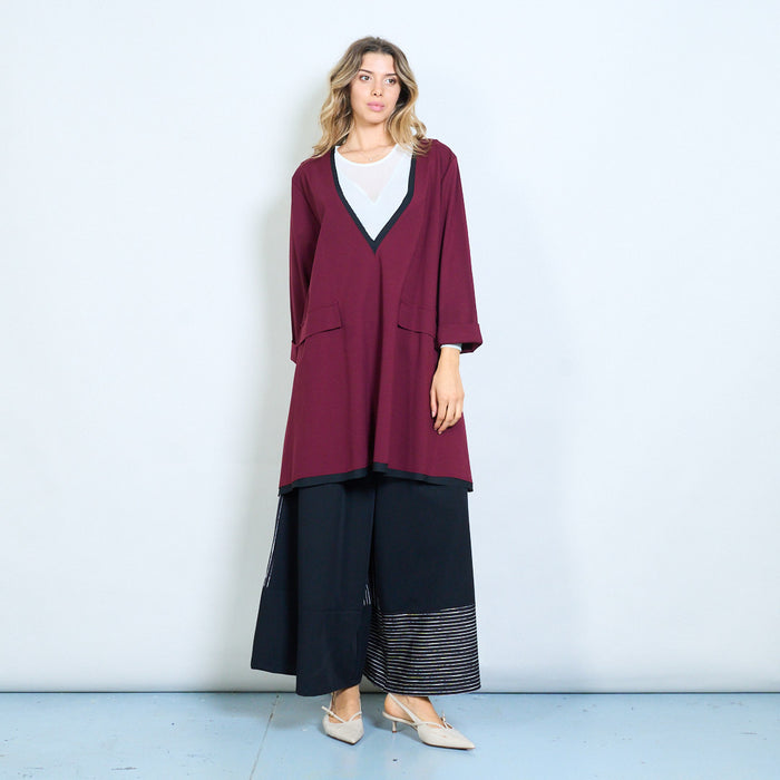 Deep v-neck contrast trim tunic top with pocket detail wholesale