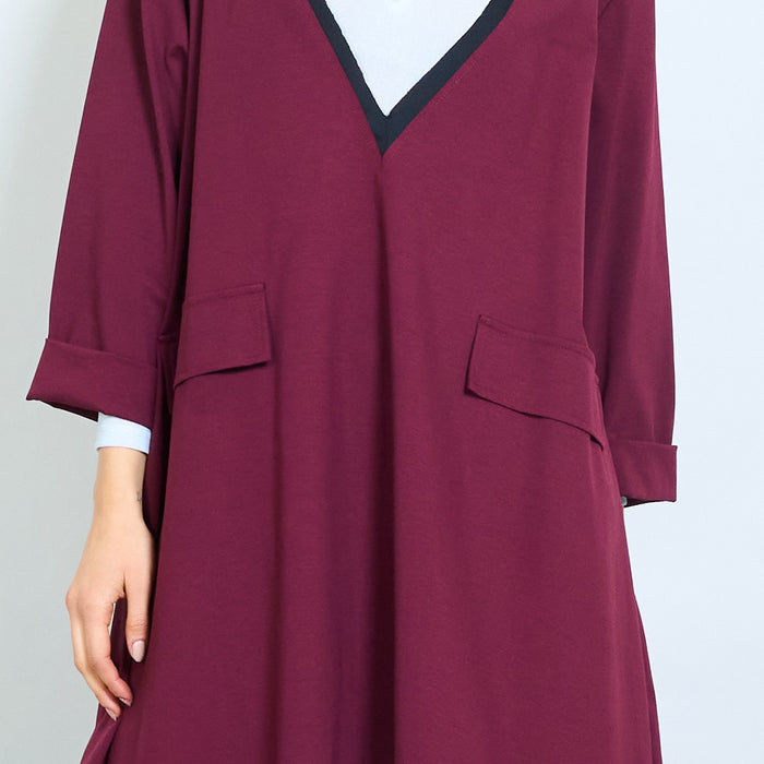 Deep v-neck contrast trim tunic top with pocket detail wholesale
