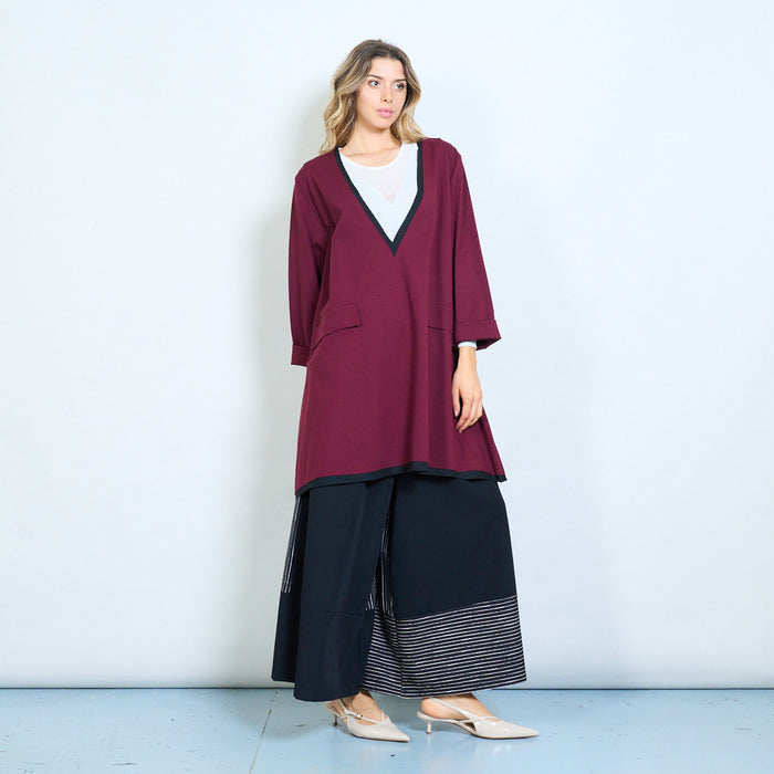 Deep v-neck contrast trim tunic top with pocket detail wholesale