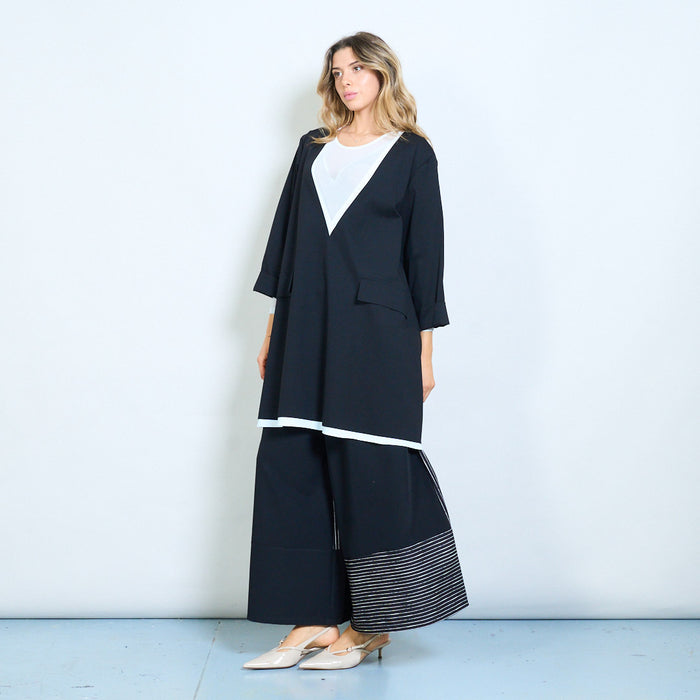 Deep v-neck contrast trim tunic top with pocket detail wholesale
