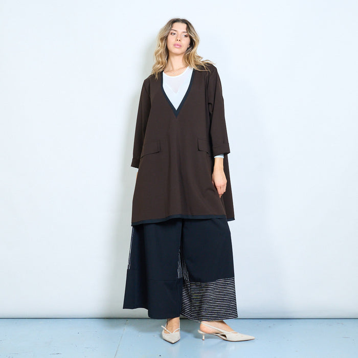 Deep v-neck contrast trim tunic top with pocket detail wholesale