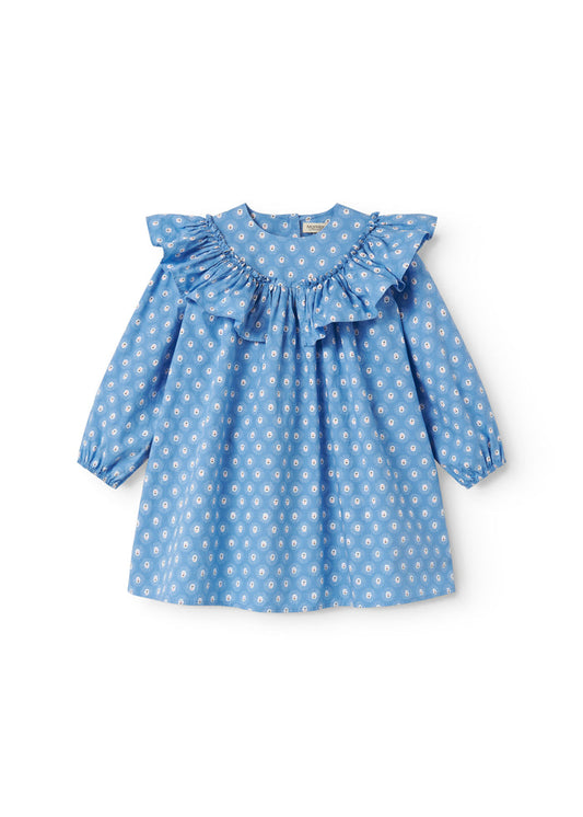 Blue children's dress with long sleeves, flounces, and small flowers.